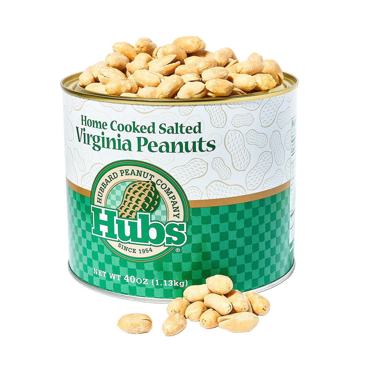 Can of Hubs Home Cooked Salted Virginia Peanuts on a white background