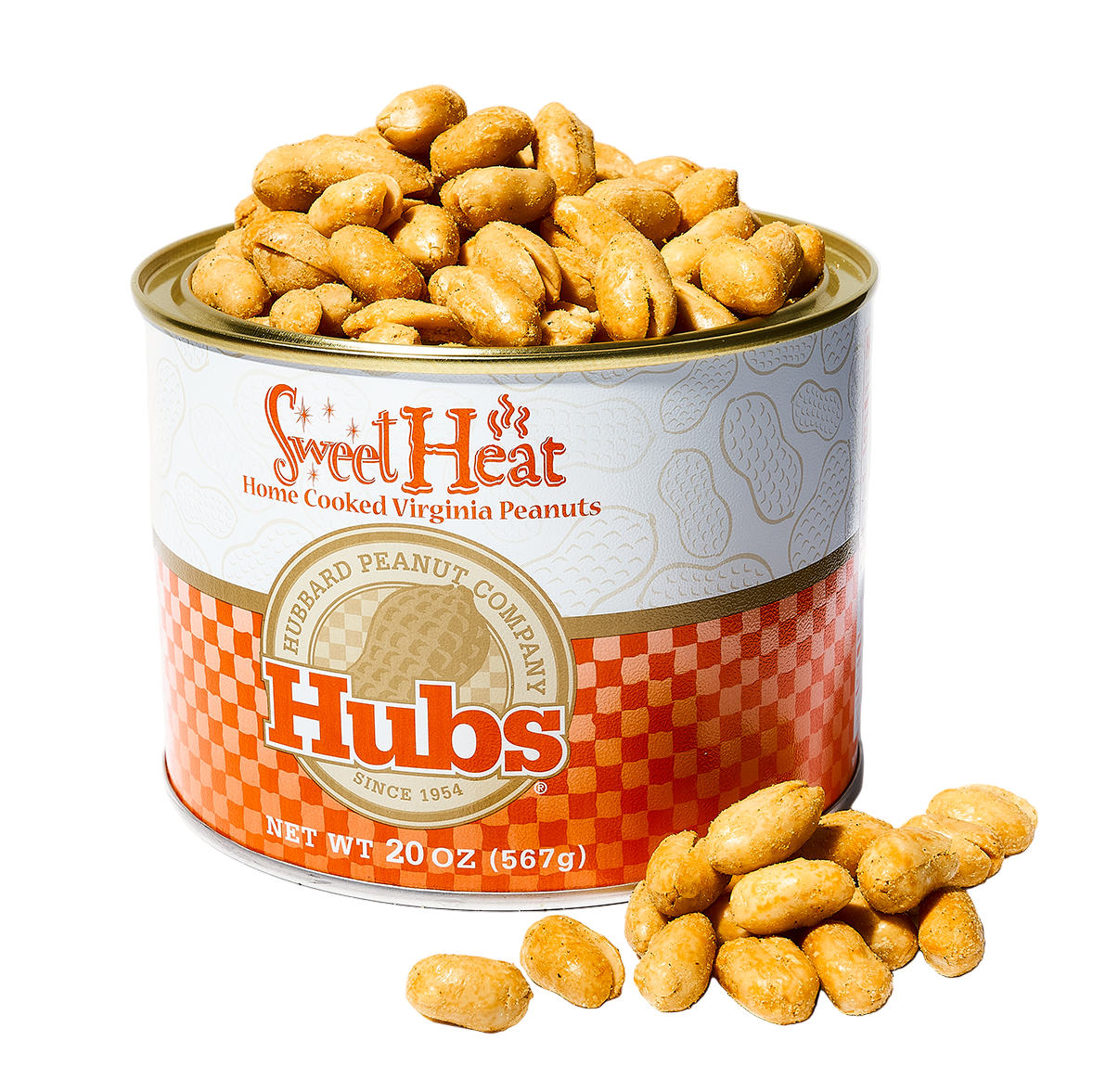 Can of Hubs Sweet Heat Virginia Peanuts with peanuts spilling out on a white background