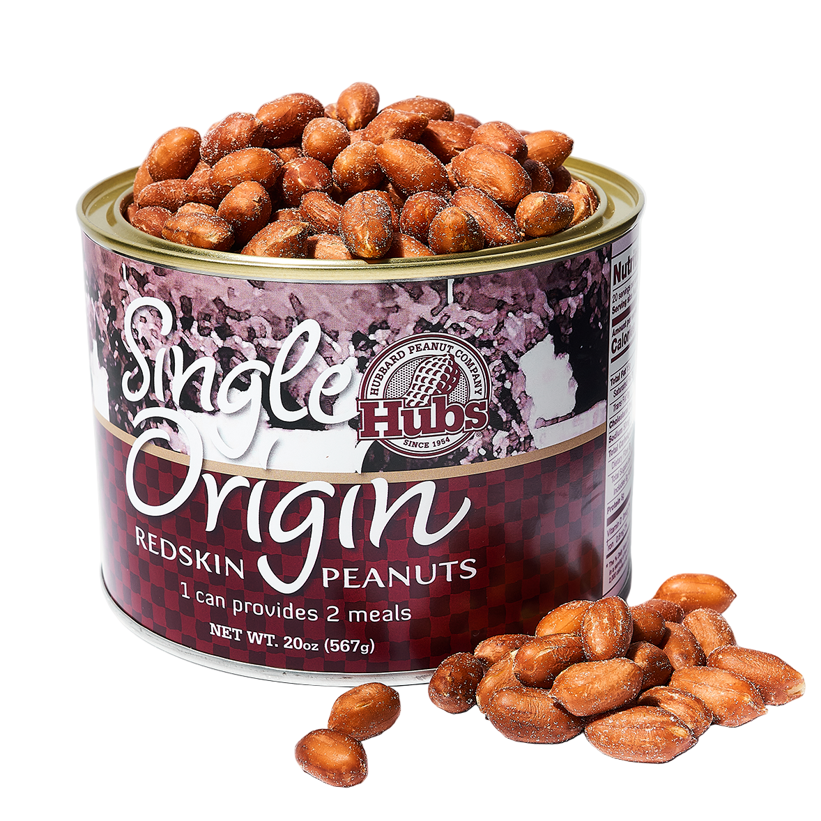 Can of Hubs Redskin Peanuts with peanuts spilling out on a white background