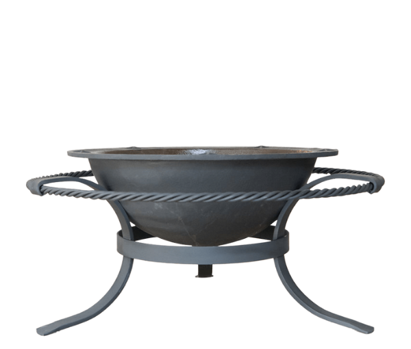 Black metal fire pit with rope-like design on a white background