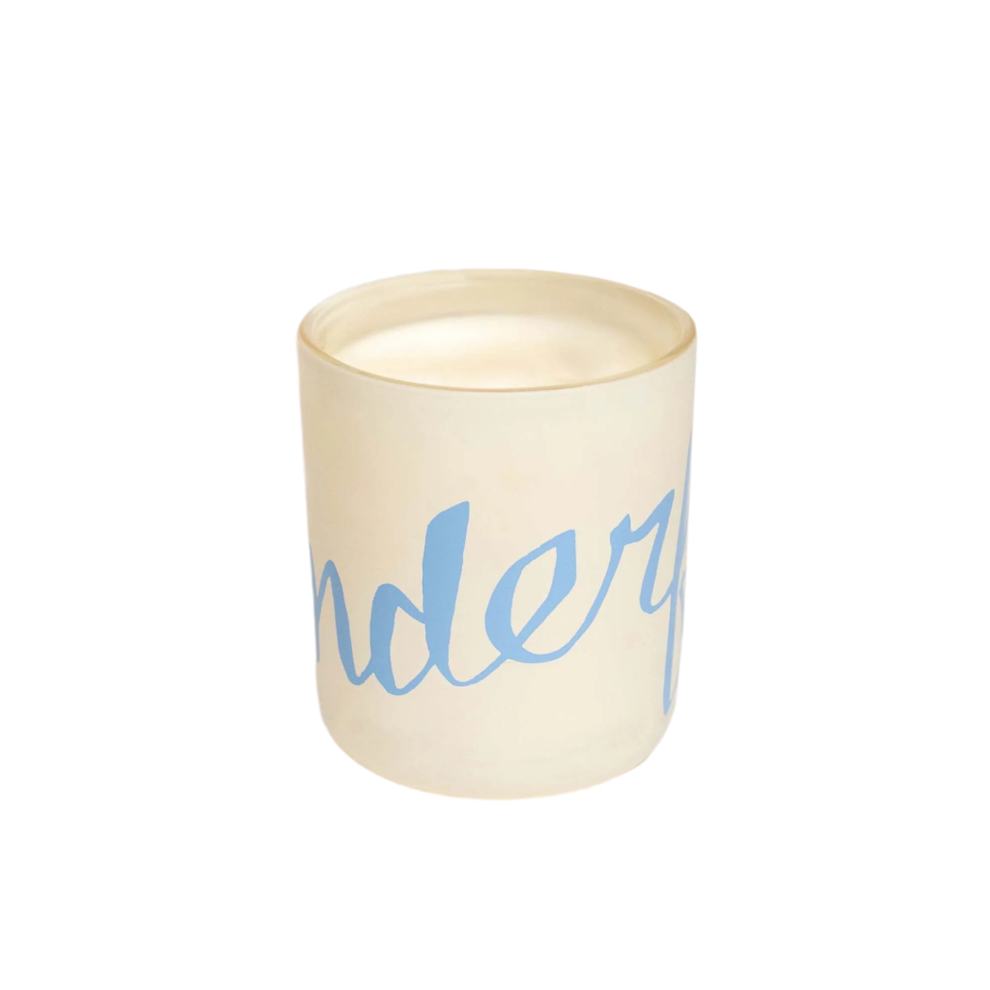 Candle in a white container with blue text on a white background