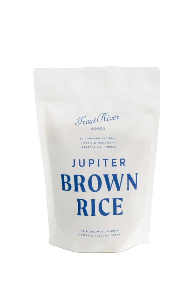 Bag of Jupiter Brown Rice with 'Fruit River Goods' branding on a white background