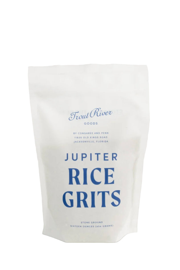 Bag of Jupiter Rice Grits with 'Food River Goods' branding on a white background