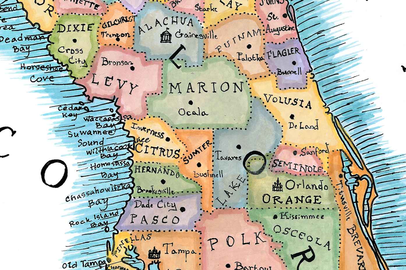 Colorful illustrated map of Florida with county names