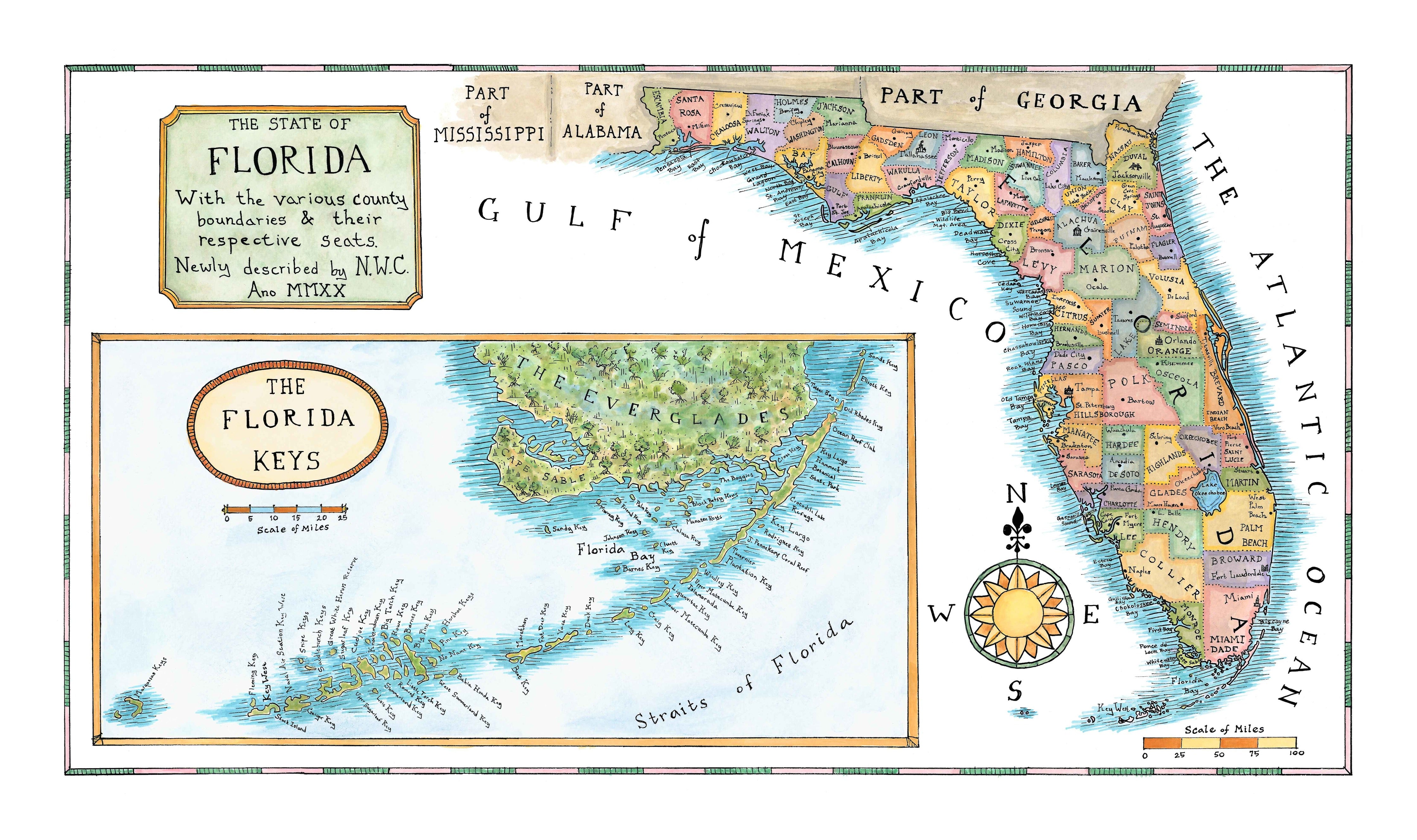 Map of Florida and the Florida Keys with labeled counties and coastal features.