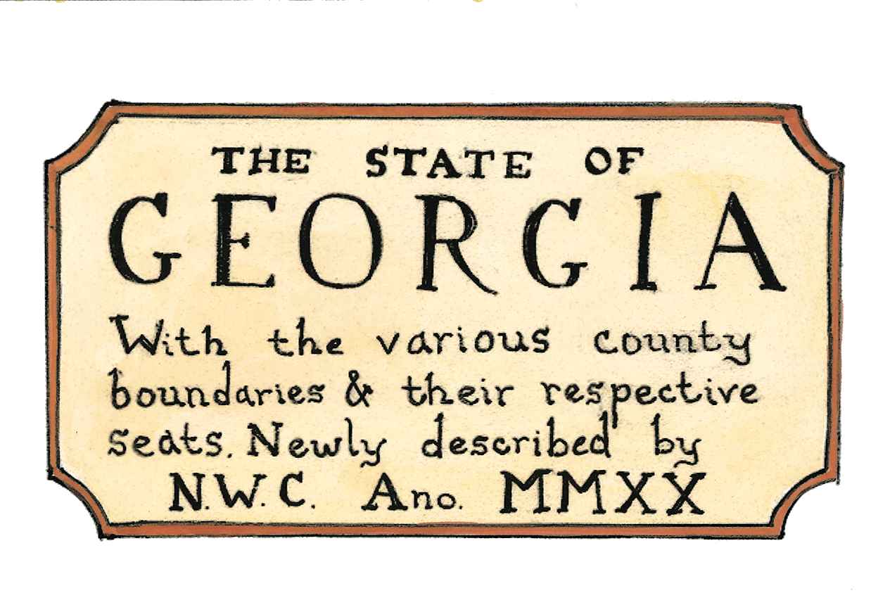 Decorative sign with text about the State of Georgia and county boundaries, styled like an old map label.