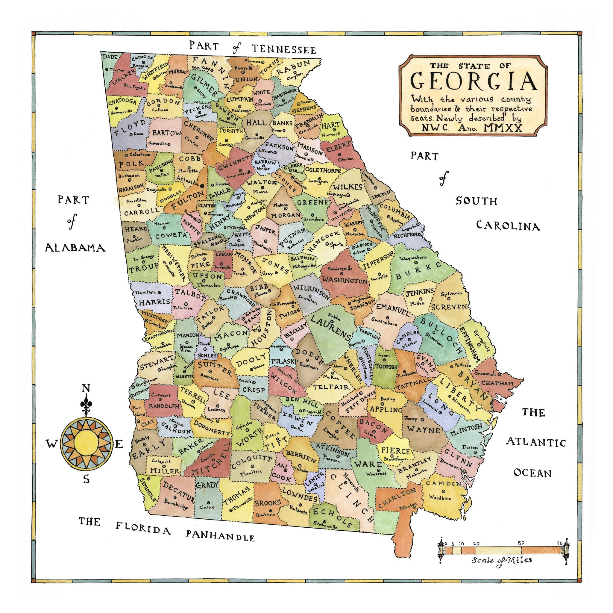 Map of the State of Georgia with county boundaries and names.
