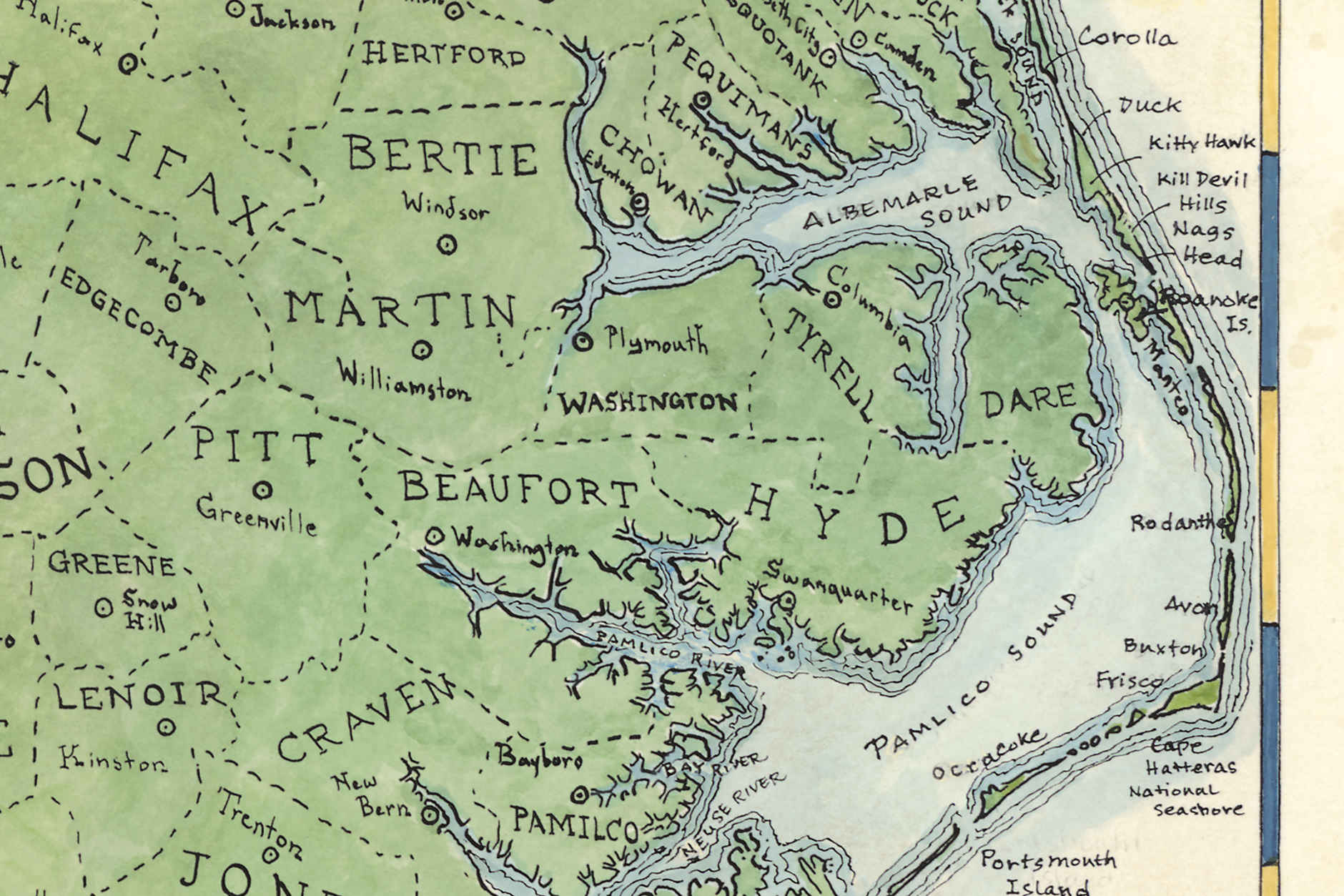 Map of a coastal region with various place names labeled