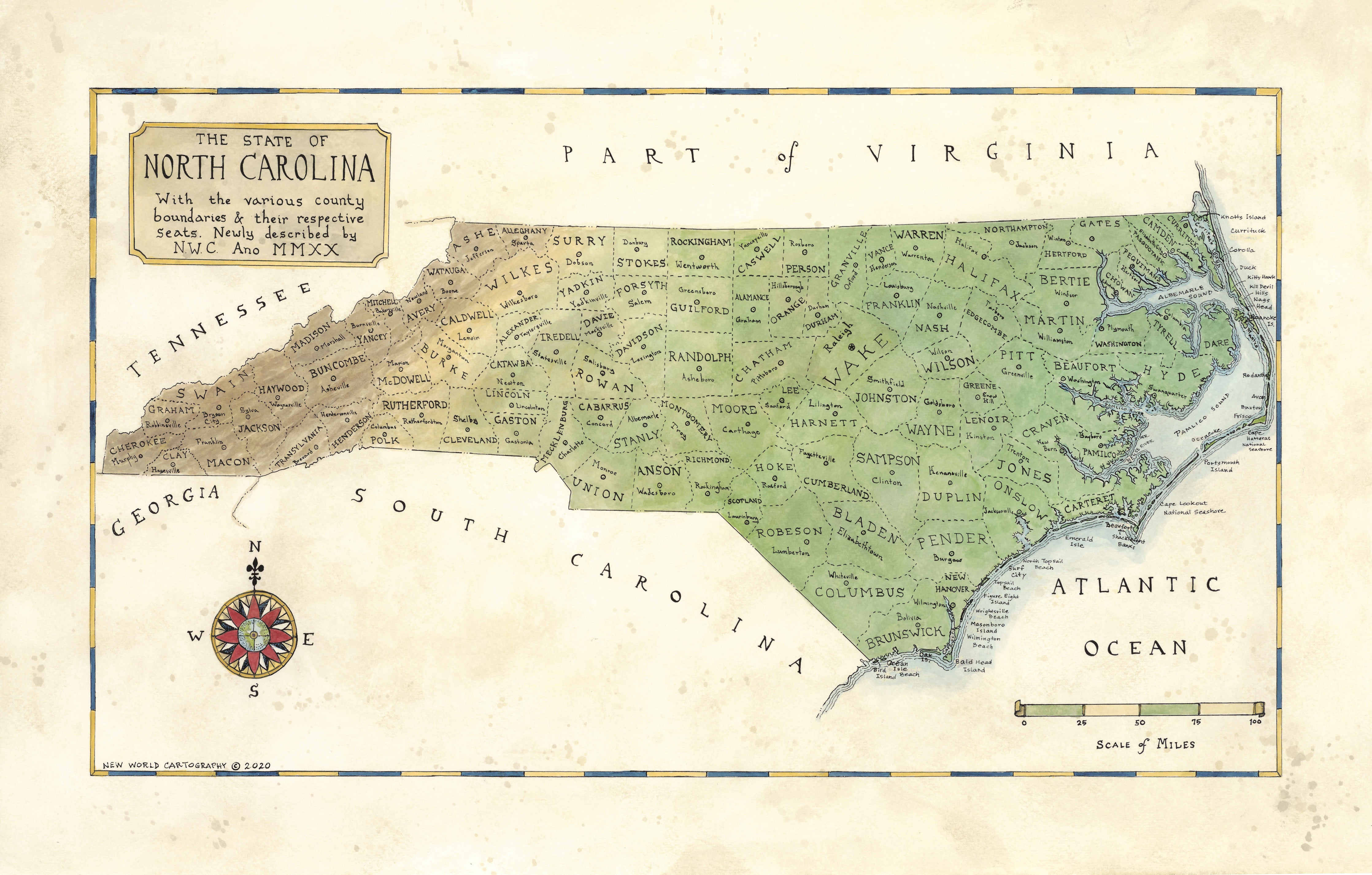 Vintage map of the State of North Carolina with surrounding territories