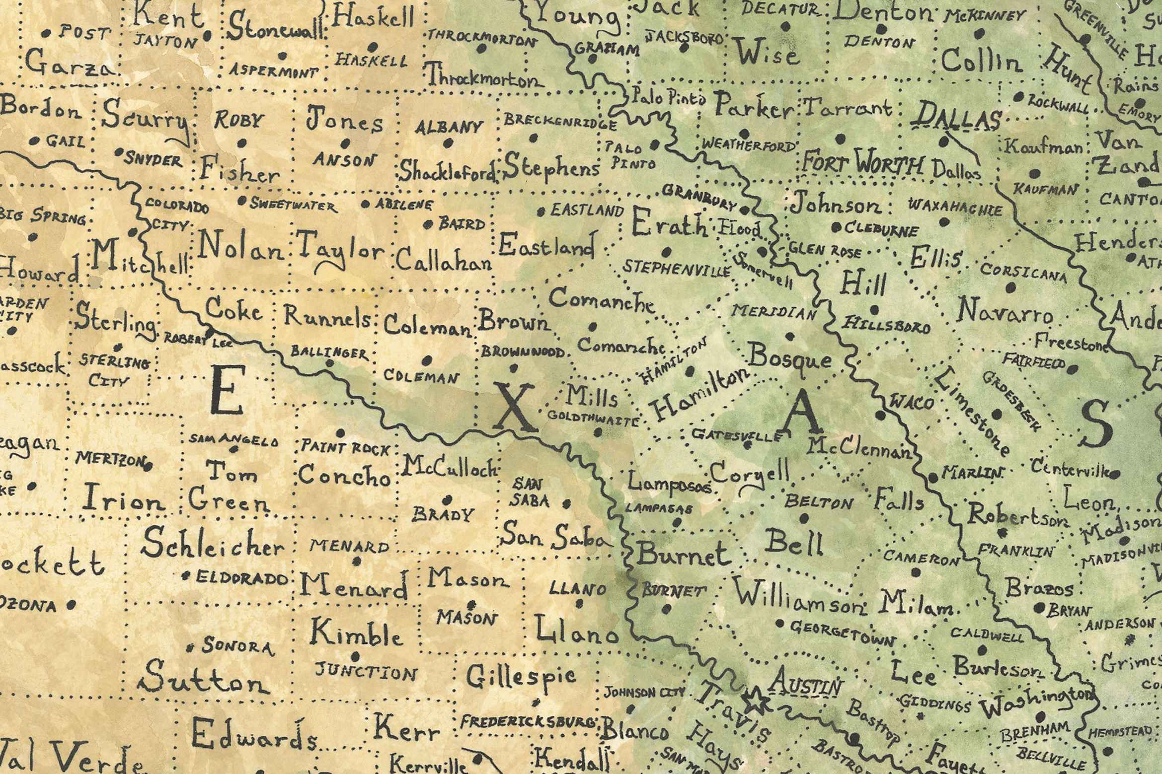 Map of Texas with towns labeled in a vintage style