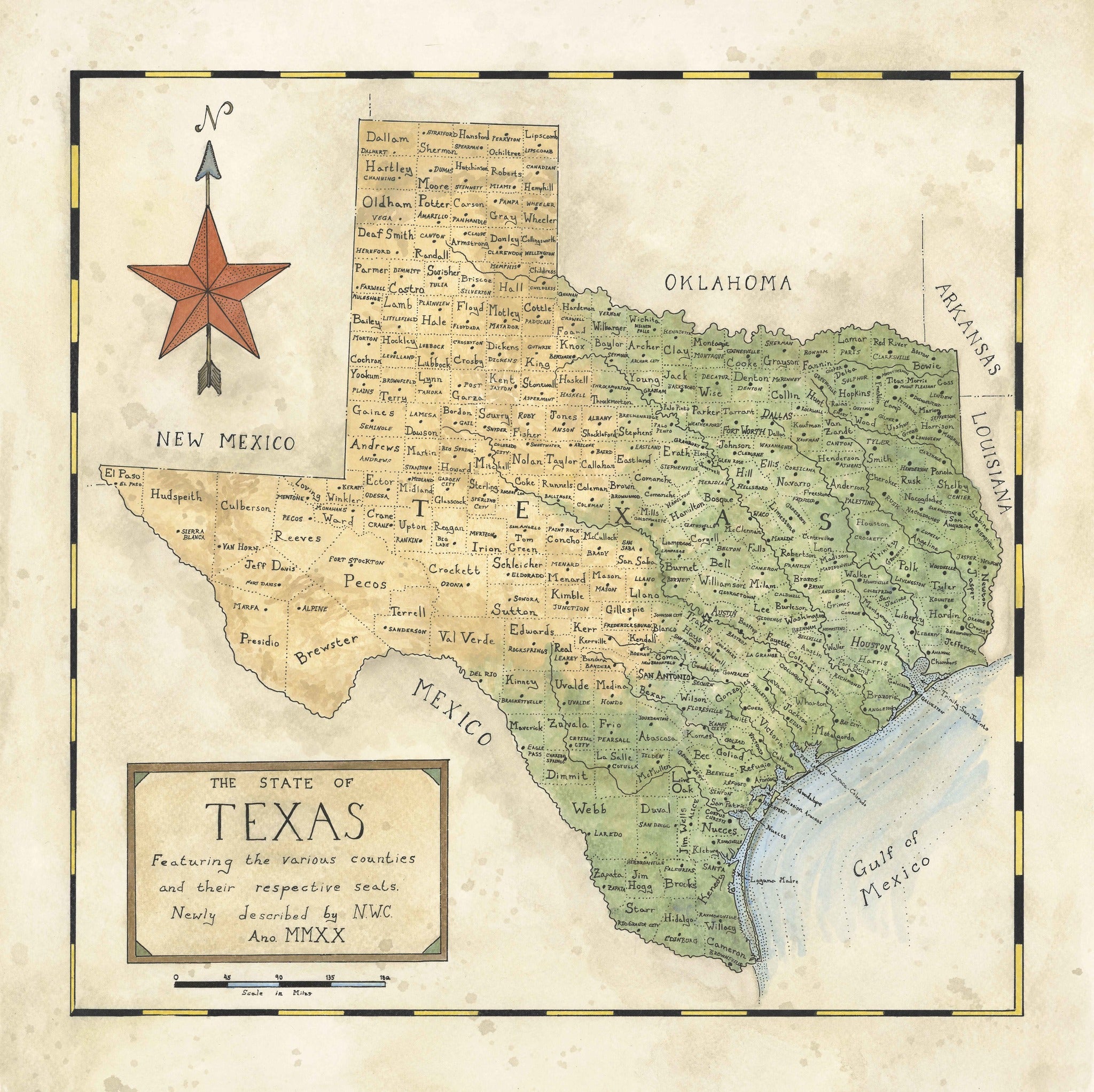 Vintage-style map of Texas with a red star and text on a beige background
