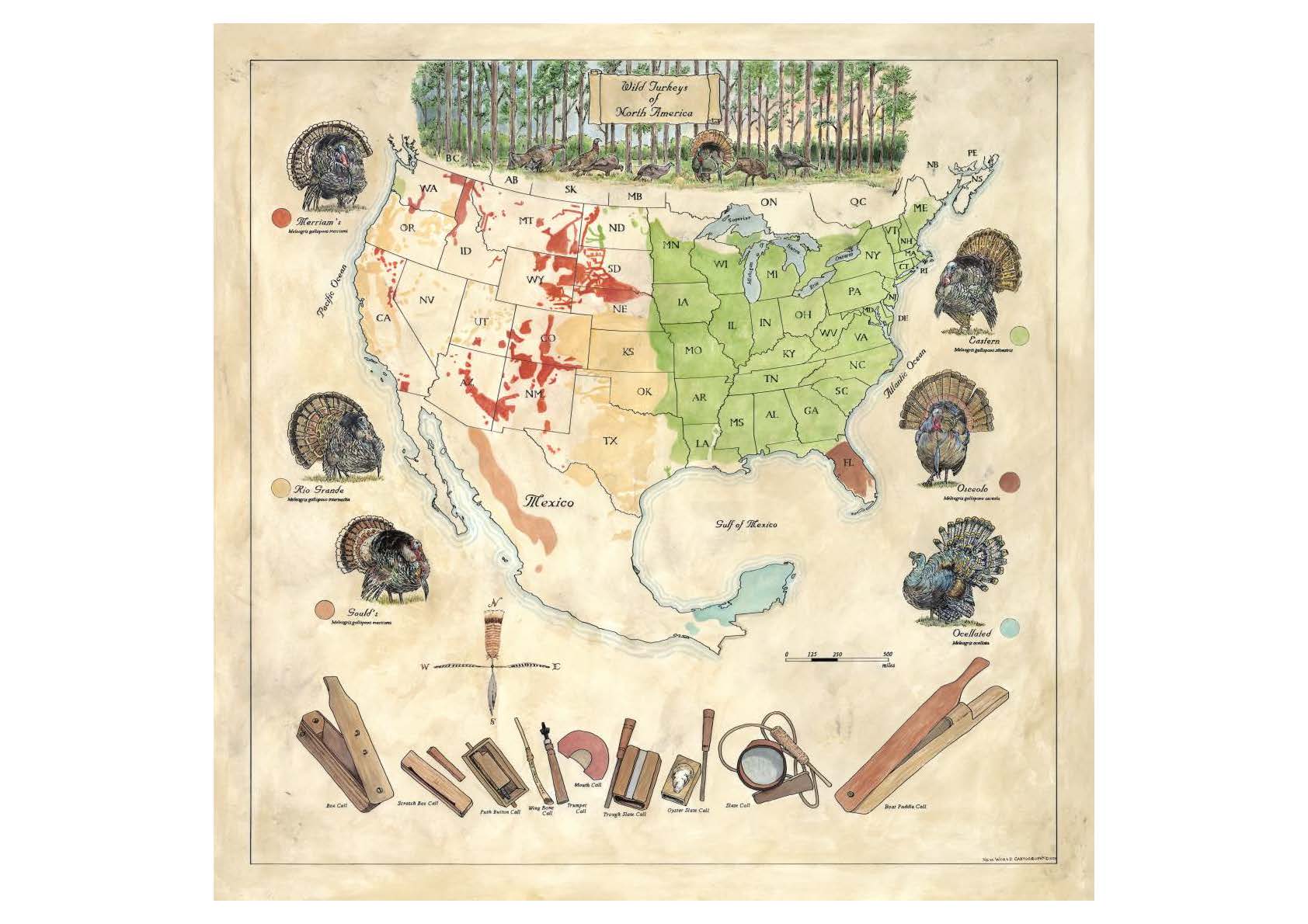 Map of the United States with various regions colored and illustrated, on a beige background.