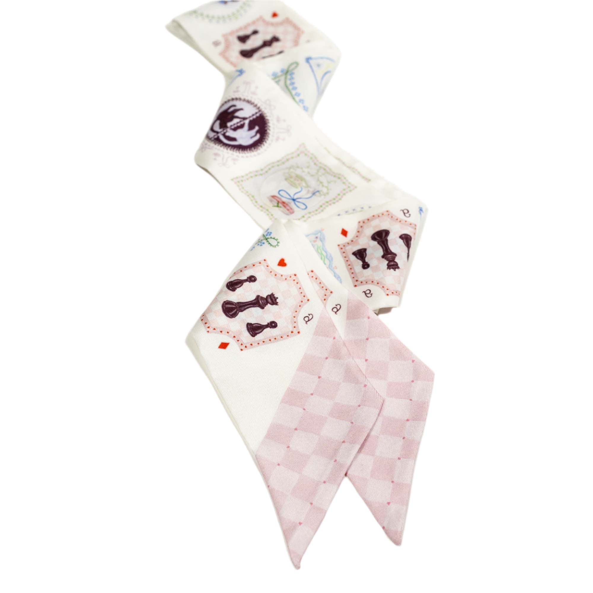 A silk twilly scarf with a pattern featuring characters and elements from Alice's Adventures in Wonderland, such as a caterpillar and a hedgehog, on a white and pink checkered background.