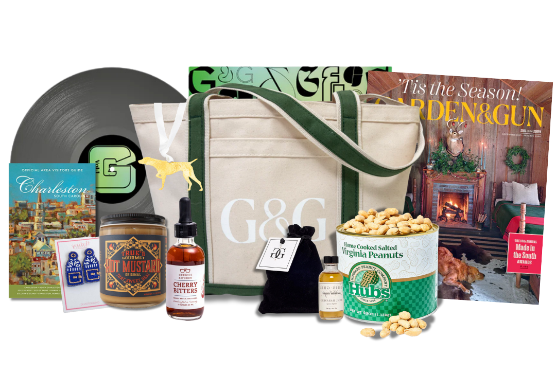 Collection of items including a vinyl record, bottle, and bag with 'Garden & Gun' branding on a white background.