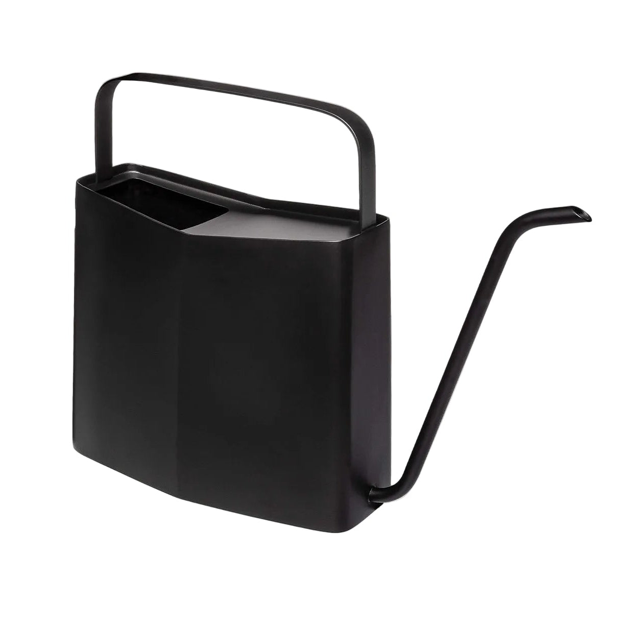 Black watering can on a light pink background