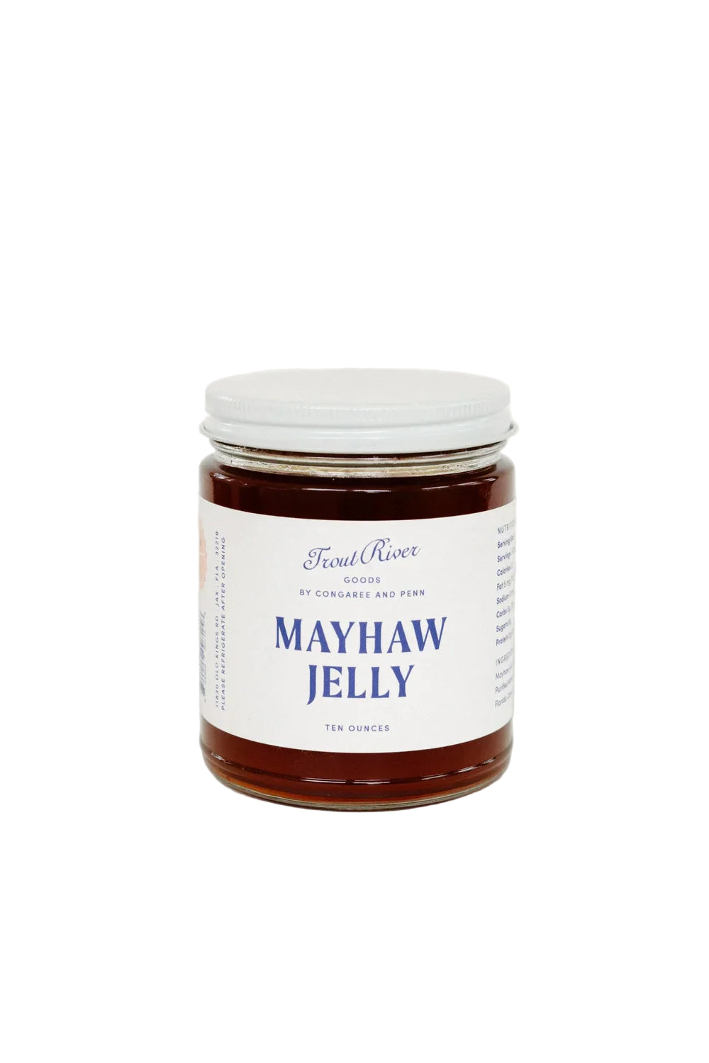 Jar of mayhaw jelly with a white label on a light gray background