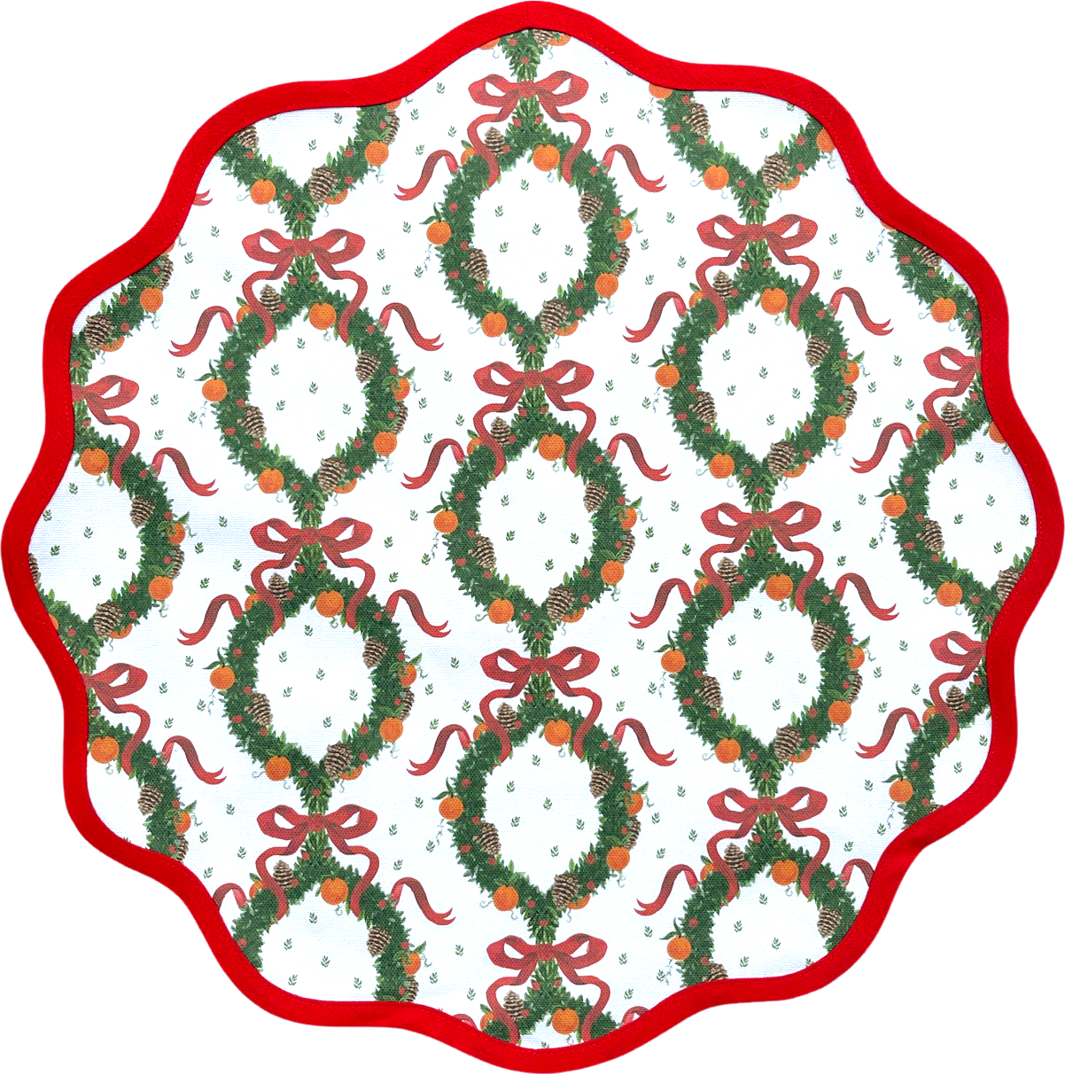 Round Scalloped Placemat in Holiday Wreath - Rosebud Red