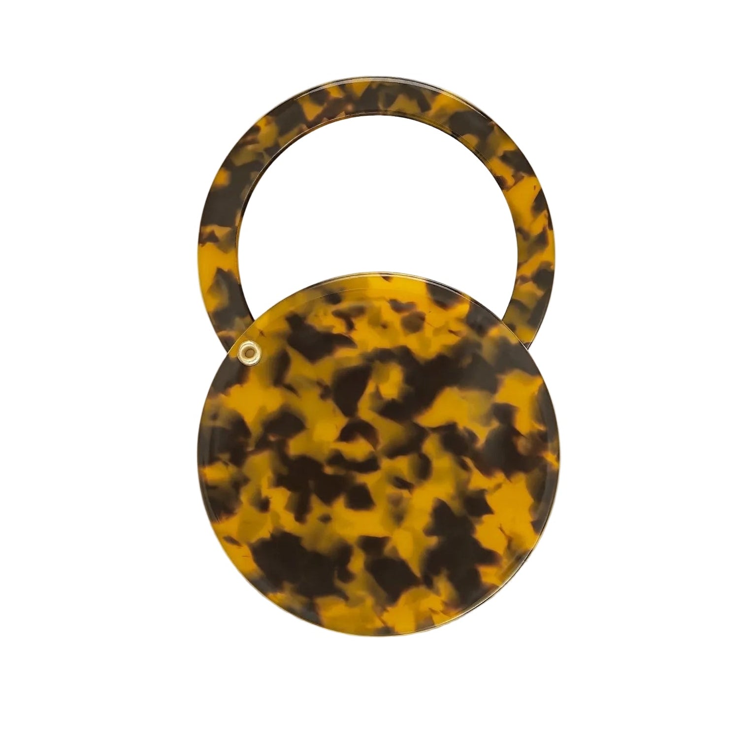 Tortoiseshell patterned compact mirror on a white background