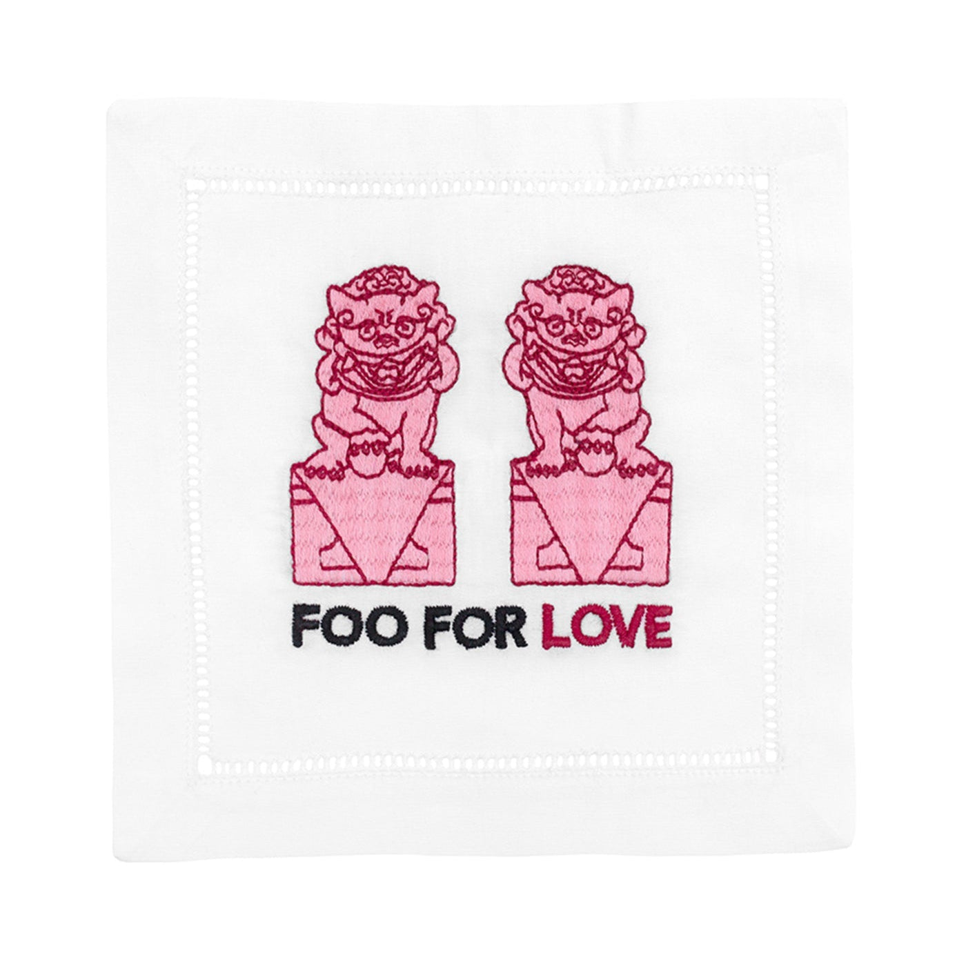 Two pink lion statues with 'Foo for Love' text on a white background