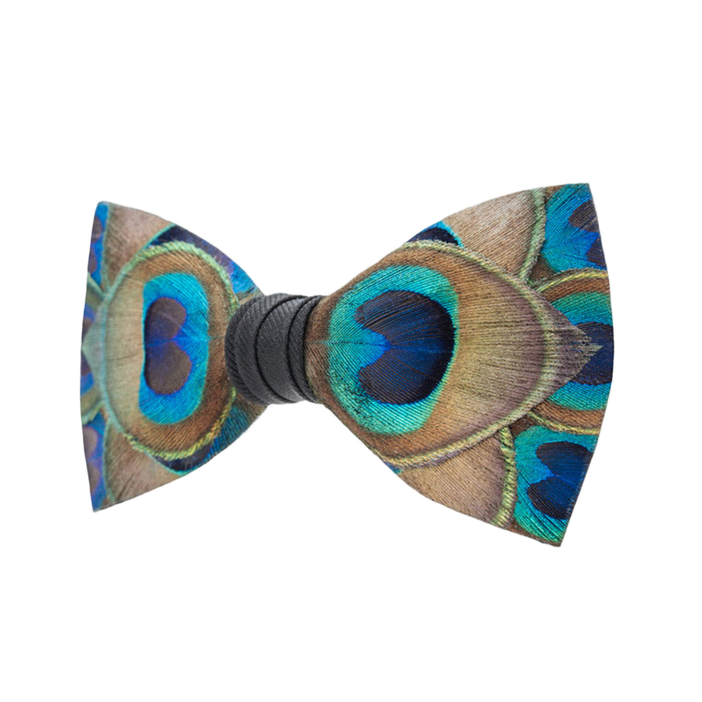 Peacock feather bow tie on a white background