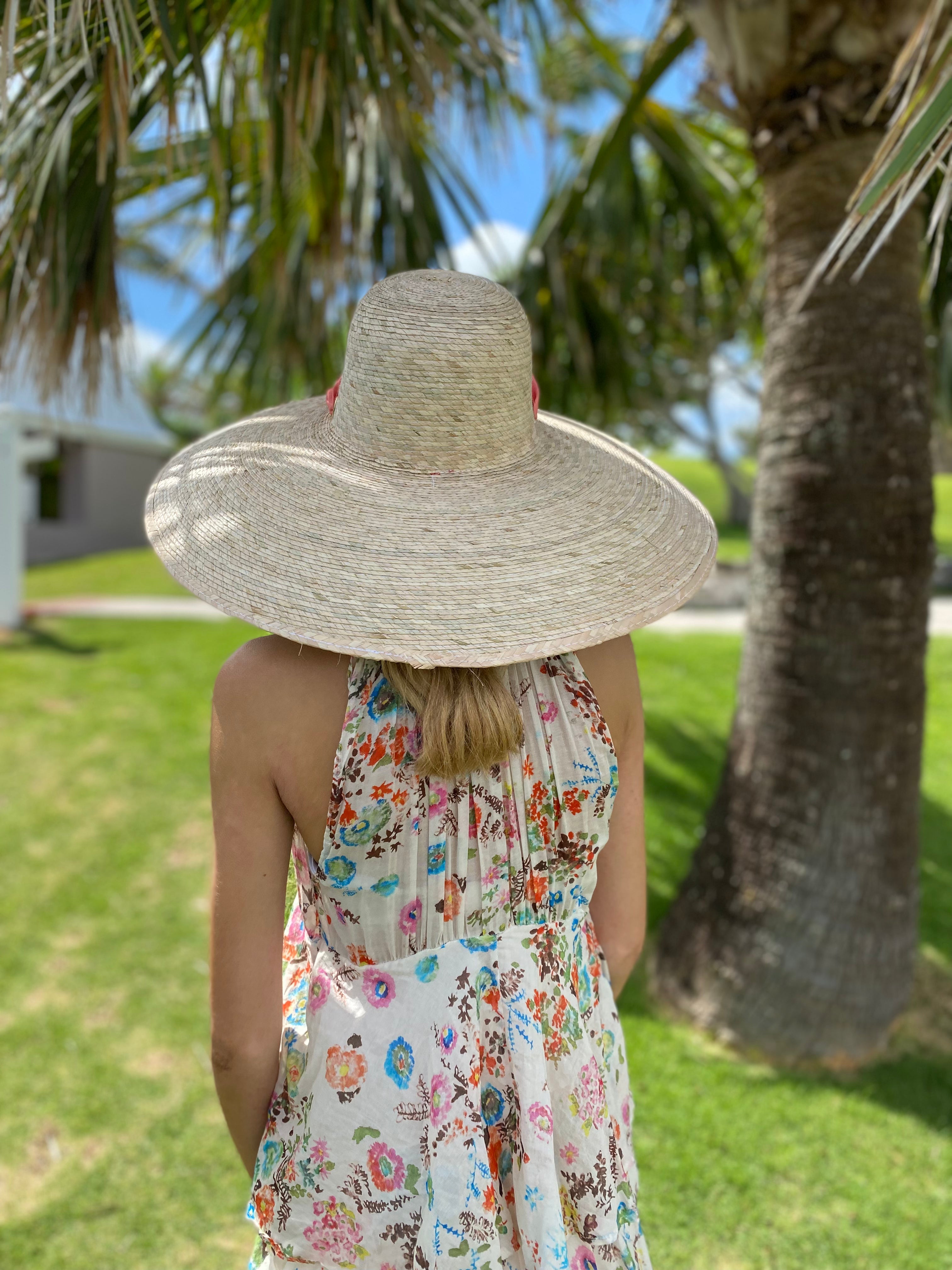 Daisy Sun Hat - Wide & Short Coral Grosgrain Ribbon