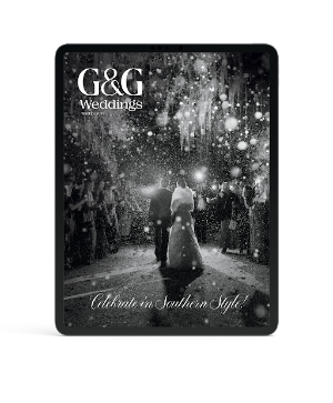 Promotional material for G&G Weddings with a couple walking down an aisle in a snowy setting.