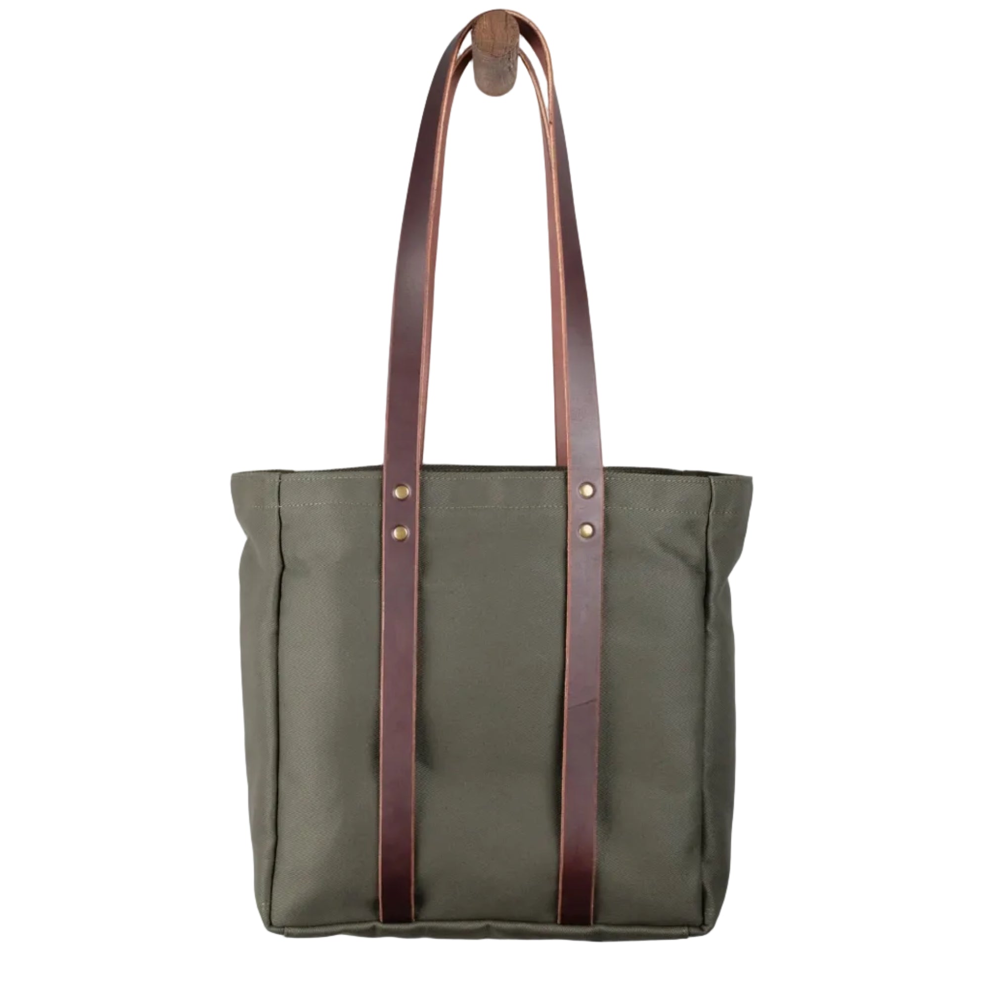 Green tote bag with brown leather straps on a light gray background