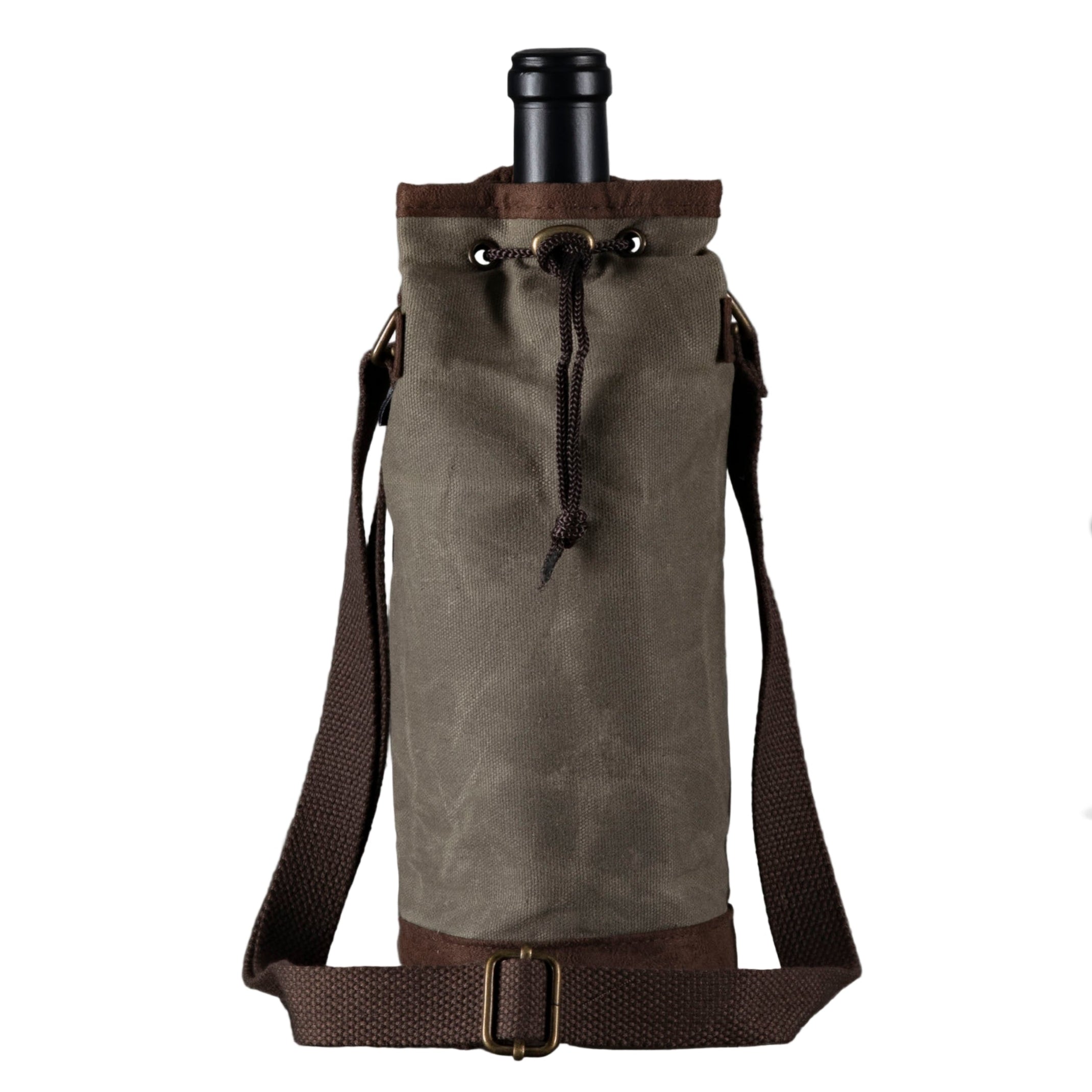 Waxed canvas wine bottle bag with a bottle of wine inside, placed on a gray surface.