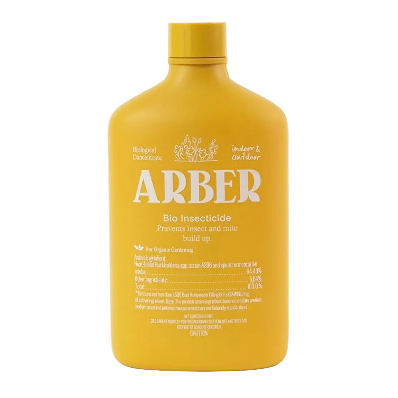 Yellow bottle of Arber bio insecticide on a white background