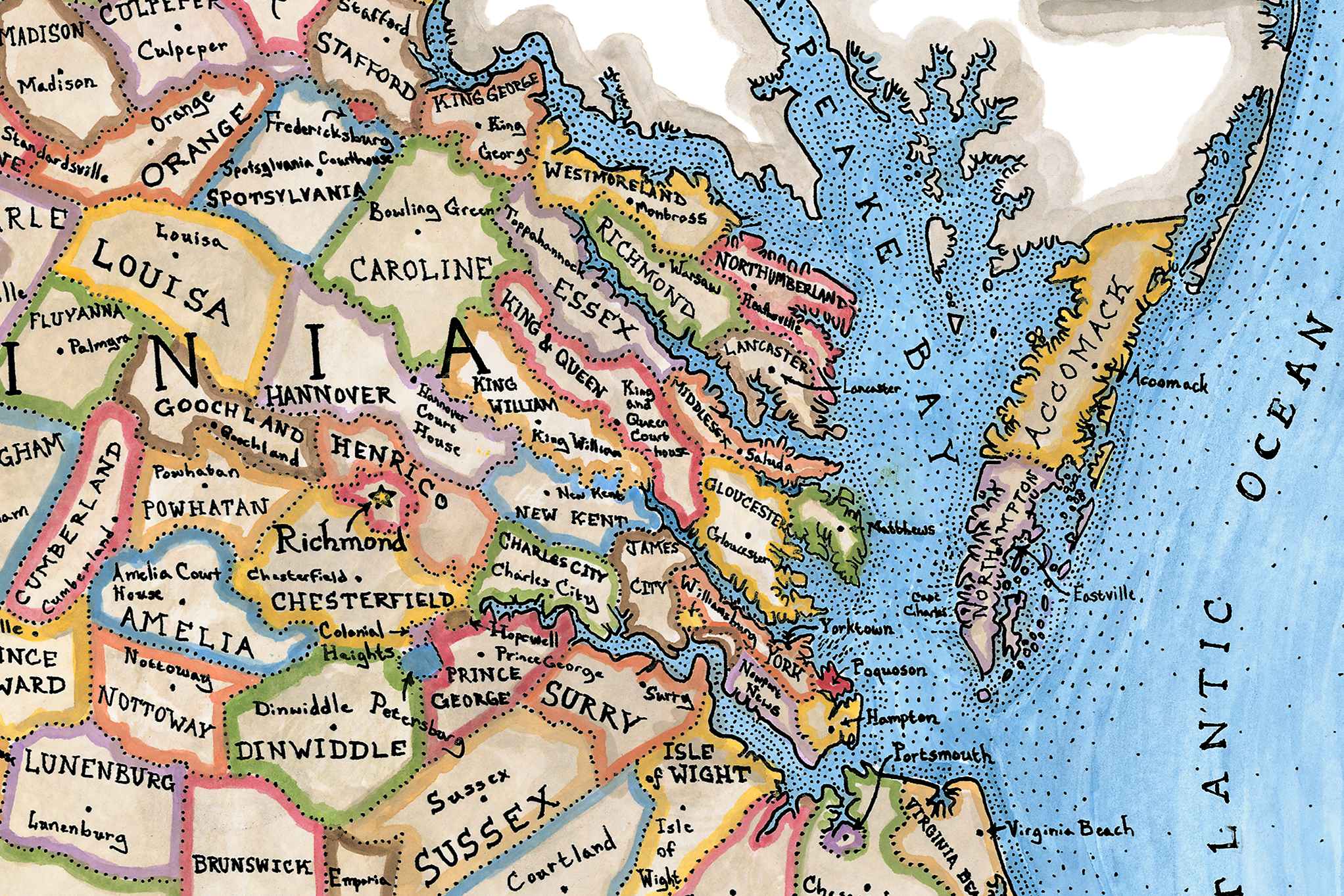 Vintage map of Virginia with colorful state borders and labels.