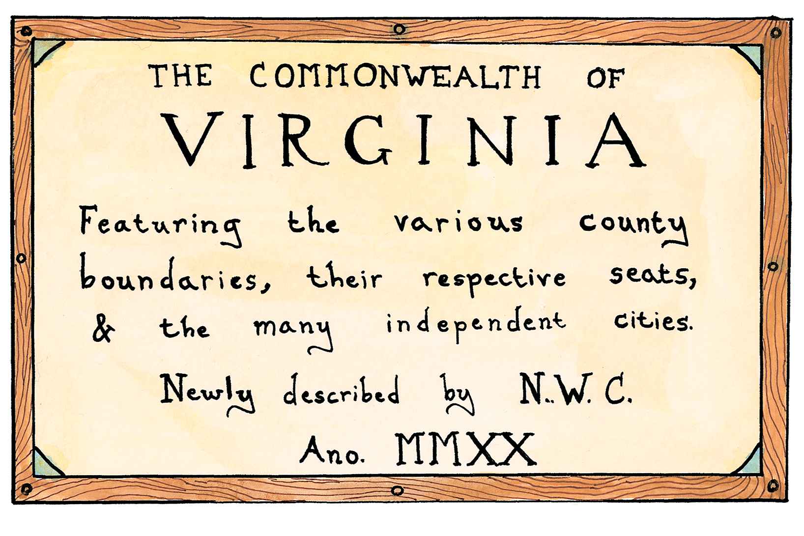 Cartoon-style sign about the Commonwealth of Virginia with text and a wooden frame.