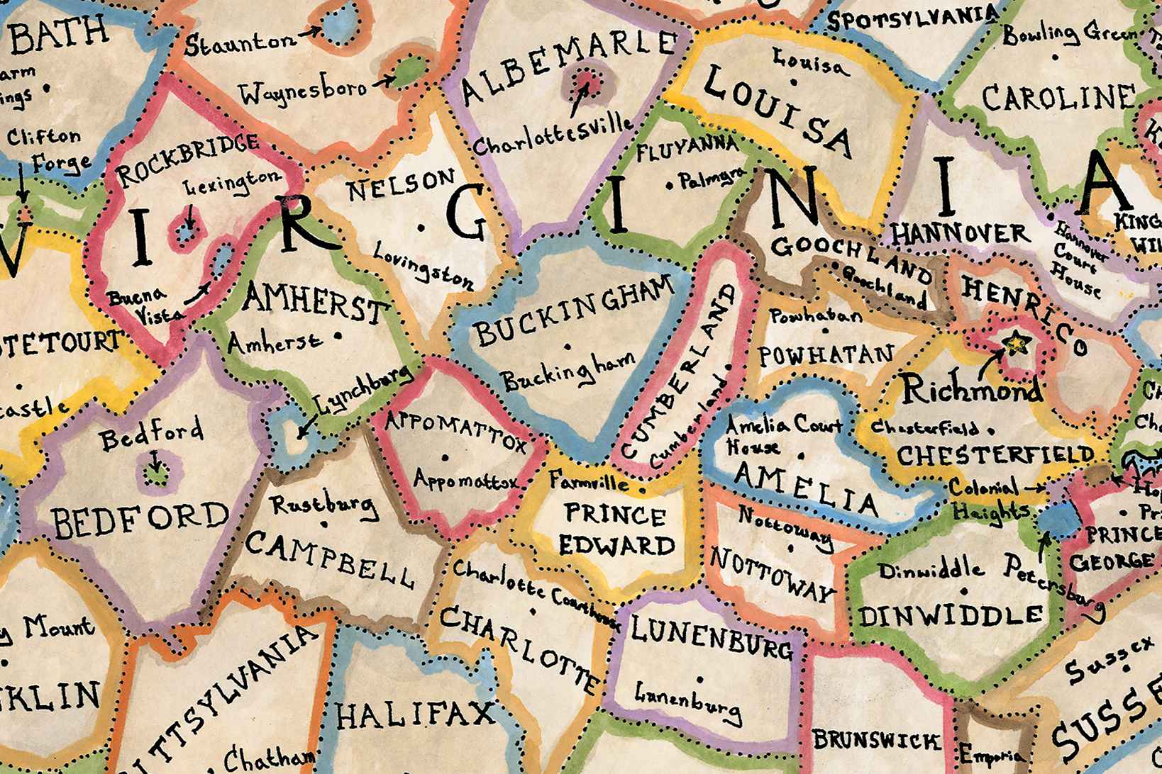 Map of Virginia with colorful state borders and names