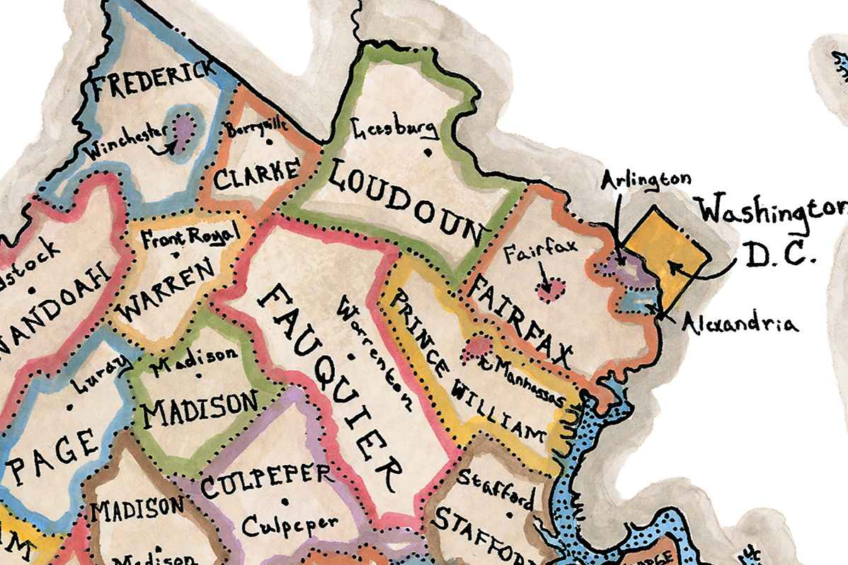 Map of Virginia with colorful county borders and names