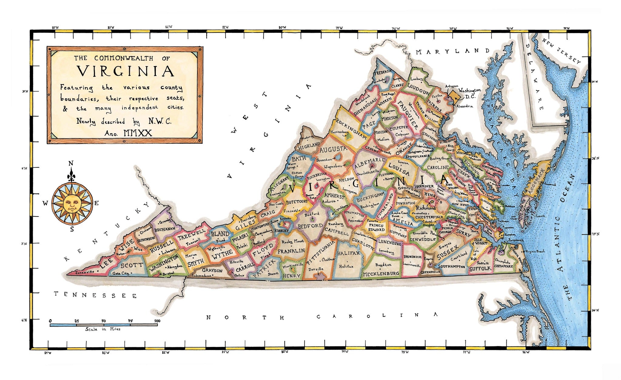 Map of the Commonwealth of Virginia with colorful county boundaries and a compass rose.
