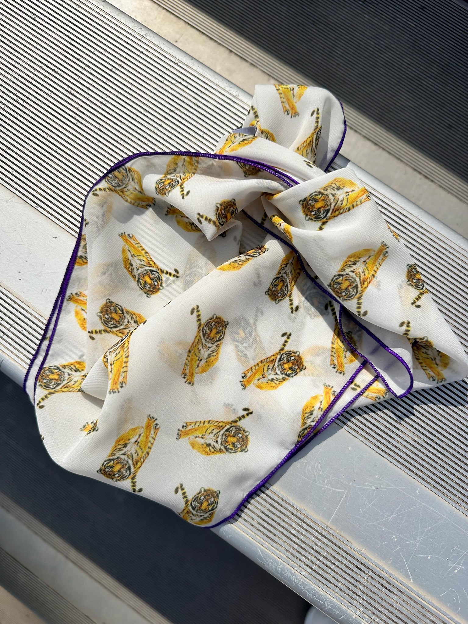Yellow Tiger Chiffon Scarf with Purple Edging