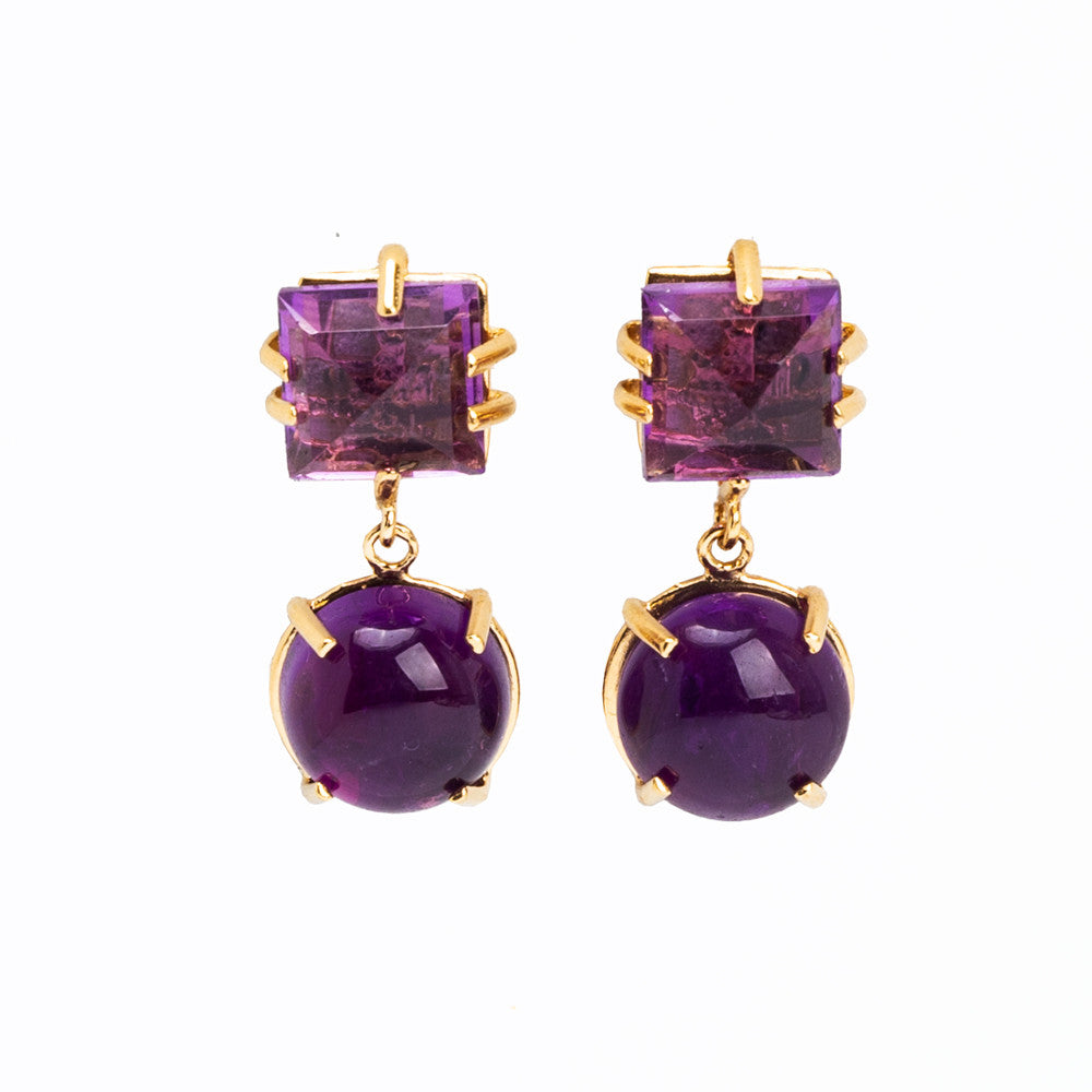 Amethyst Faceted Square and Cabochon Drop Earrings